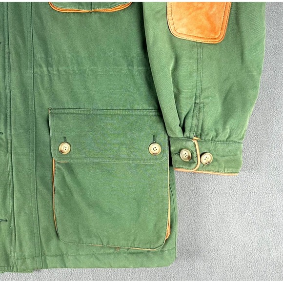 Willis Geiger Jacket Mens Large Green Leather Elbow Patch Field Chore Safari - Picture 8 of 16